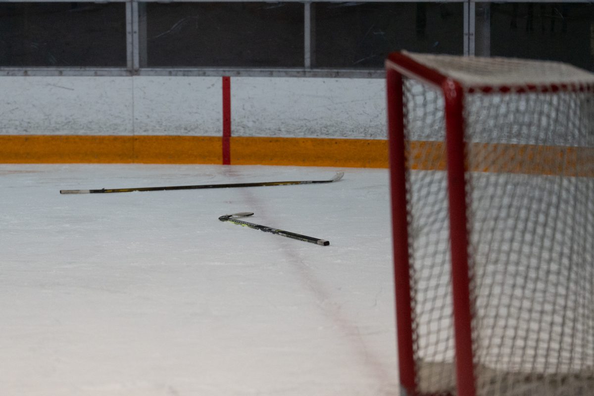 Two sticks remain after a fight on the ice Saturday, Feb. 7 at Snoopy's Home Ice.