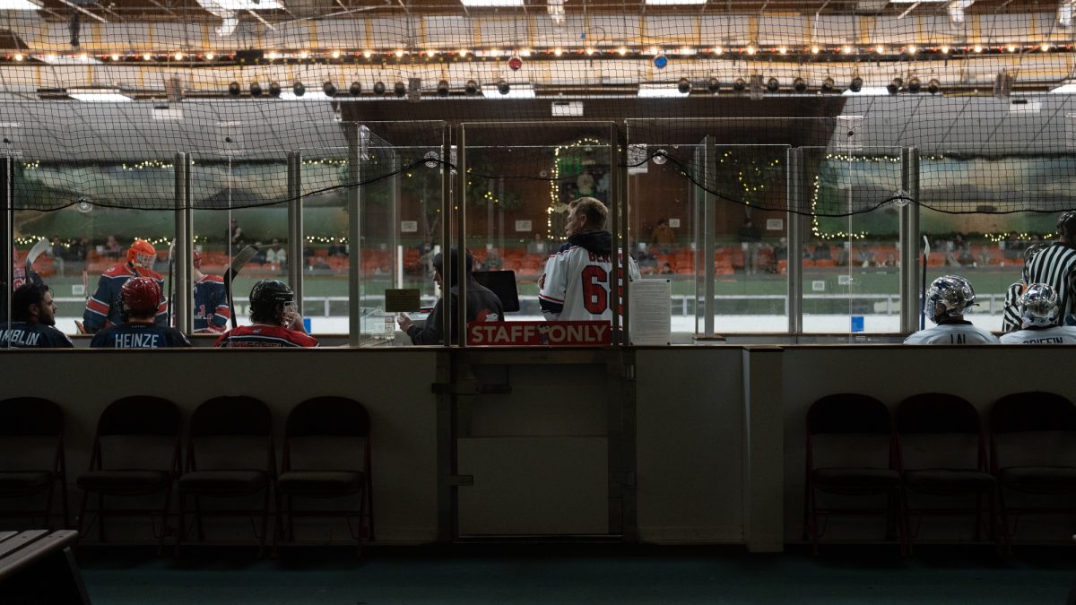 Three Polar Bears and two Wolves occupy the penalty box after high tensions in the last few minutes of the game drew penalties from both teams Saturday, Feb. 7 at Snoopy's Home Ice.