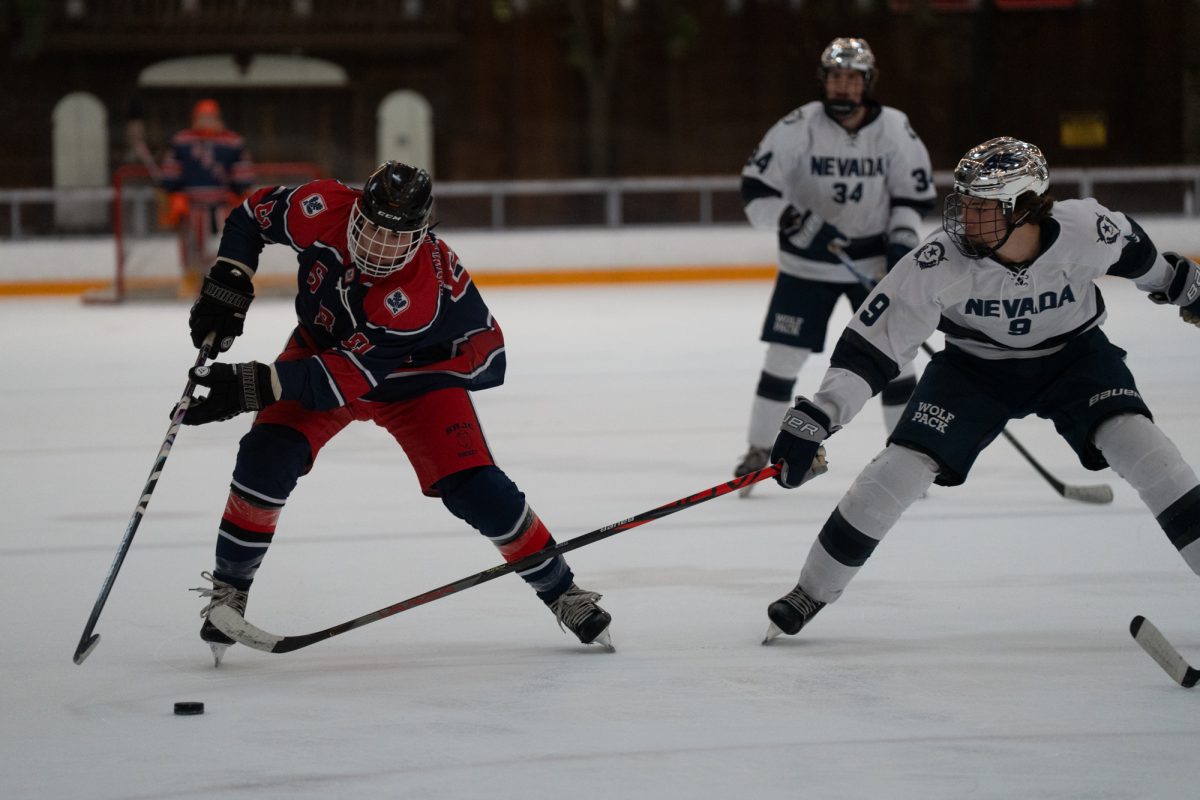 Wolfpack forward Jack Eber attempts to swipe the puck from Polar Bear possession Saturday, Feb. 7 at Snoopy's Home Ice.