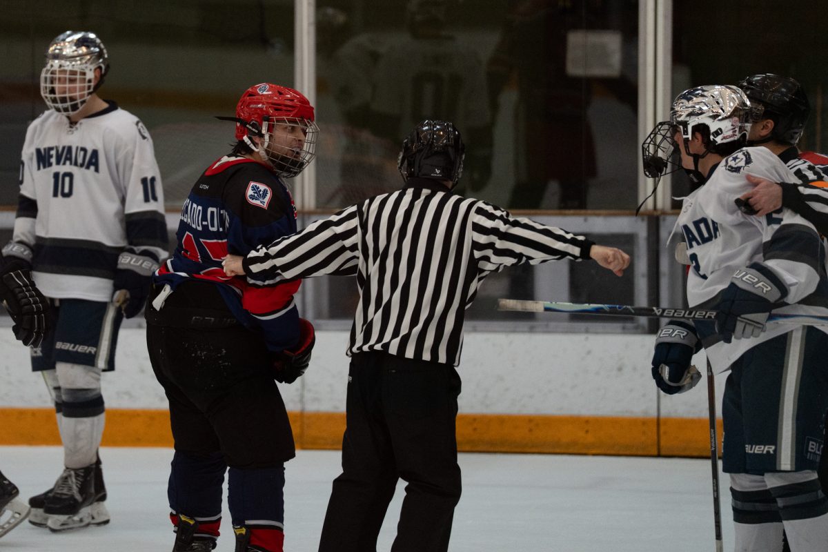 Tensions rise between the Polar Bears and the Wolfpack as referees separate Santa Rosa winger Diego Delgado-Olson and Reno forward Ayden Grace Saturday, Feb. 7 at Snoopy's Home Ice.