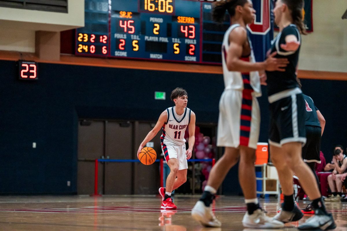 Bear Cubs sophomore guard Spencer Langowski scans the court for a way through against Sierra Feb. 10 at Haehl Pavilion.