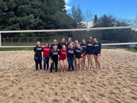 Santa Rosa Junior College's 2026 beach volleyball team gather for one of their first practice meetings. SRJC Athletics announced their beach volleyball program in November 2025 and played their first scrimmage Jan. 23, 2026.