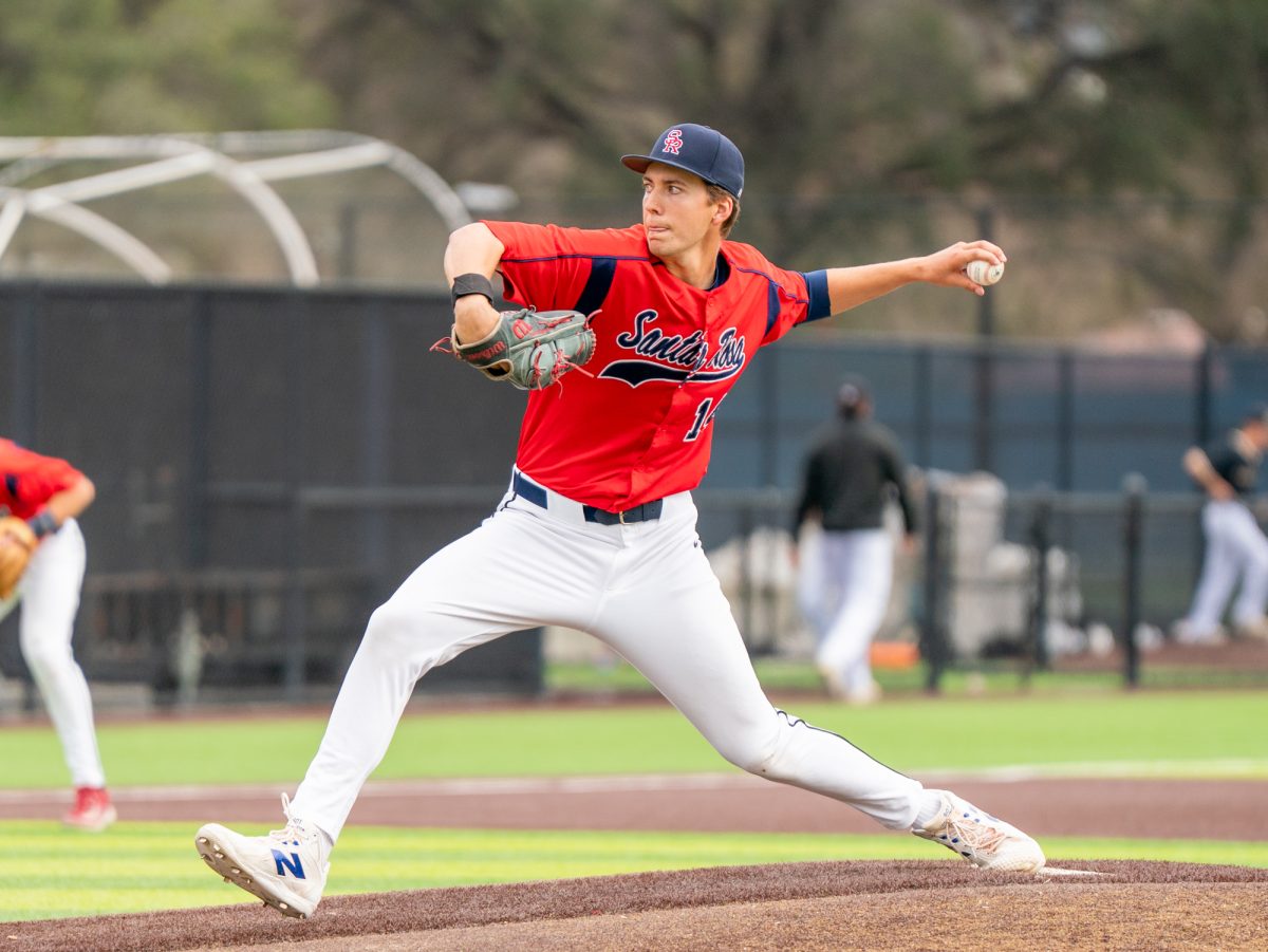 Santa Rosa starting pitcher Lucas Hermes winds back for pitch during the game against College of Marin on Saturday, Feb. 14 at home.