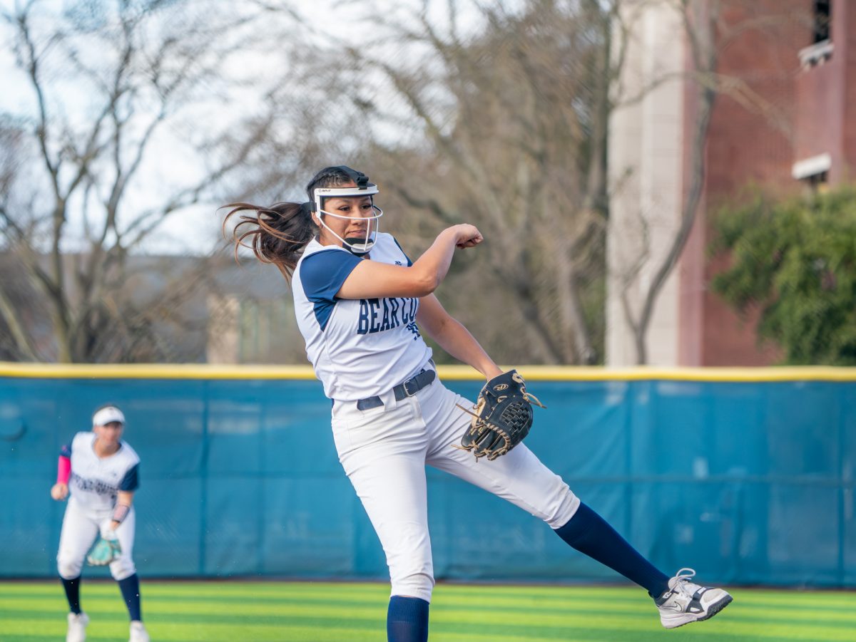 Freshman pitcher Gia Hernandez pitches a complete game in game two against Yuba College at Marv Mayes Field on Feb. 3, 2026.