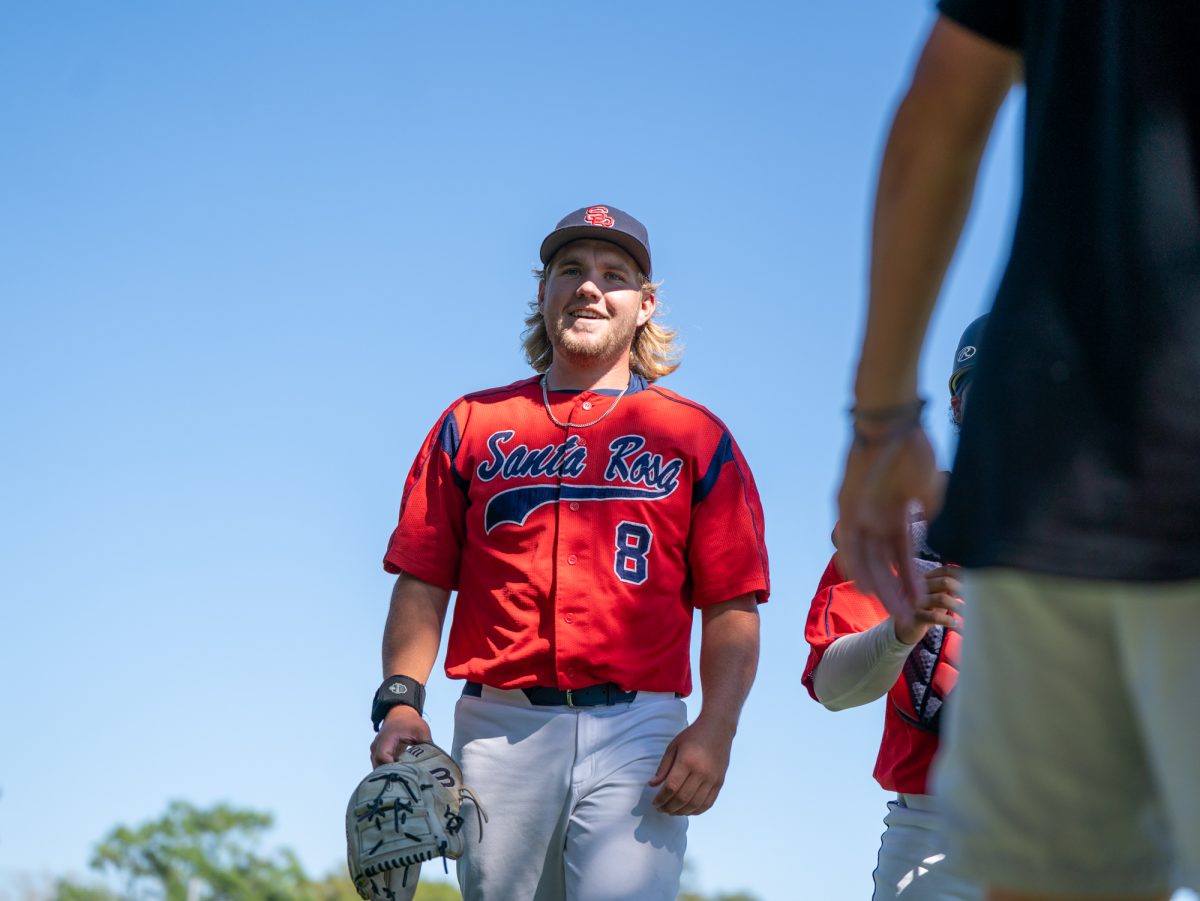Pitcher Myles Standish walks back to the dugout after completing his seven inning outing against American River College at home on Thursday, March 19, 2026.