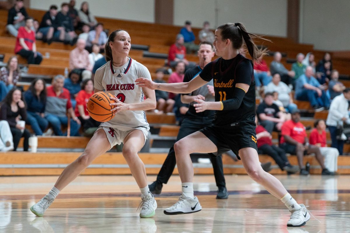 Bear Cubs guard Abigail Tacla looks for an opening against Hartnell College at Haehl Pavilion, Saturday, Feb. 28, 2026.