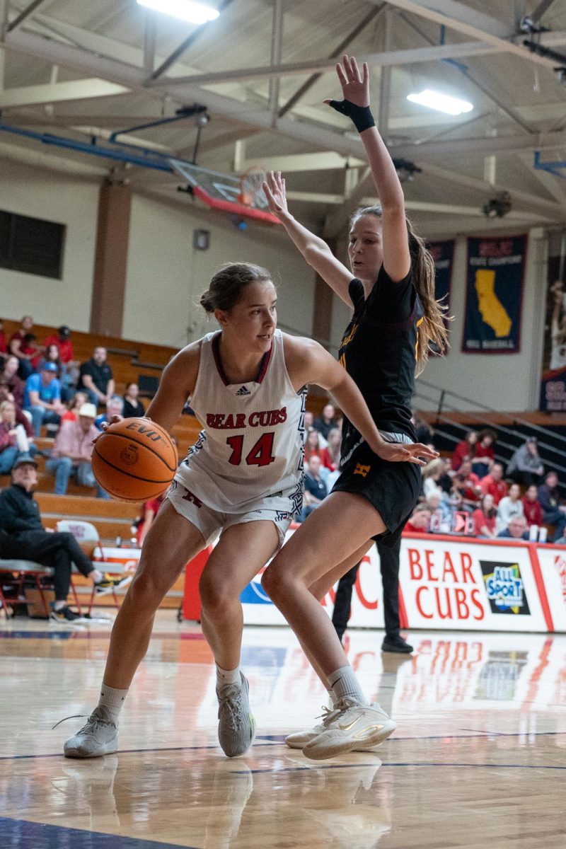 Bear Cubs forward Kaia Eubanks overtakes a Hartnell College defender at Haehl Pavilion, Saturday, Feb. 28, 2026.