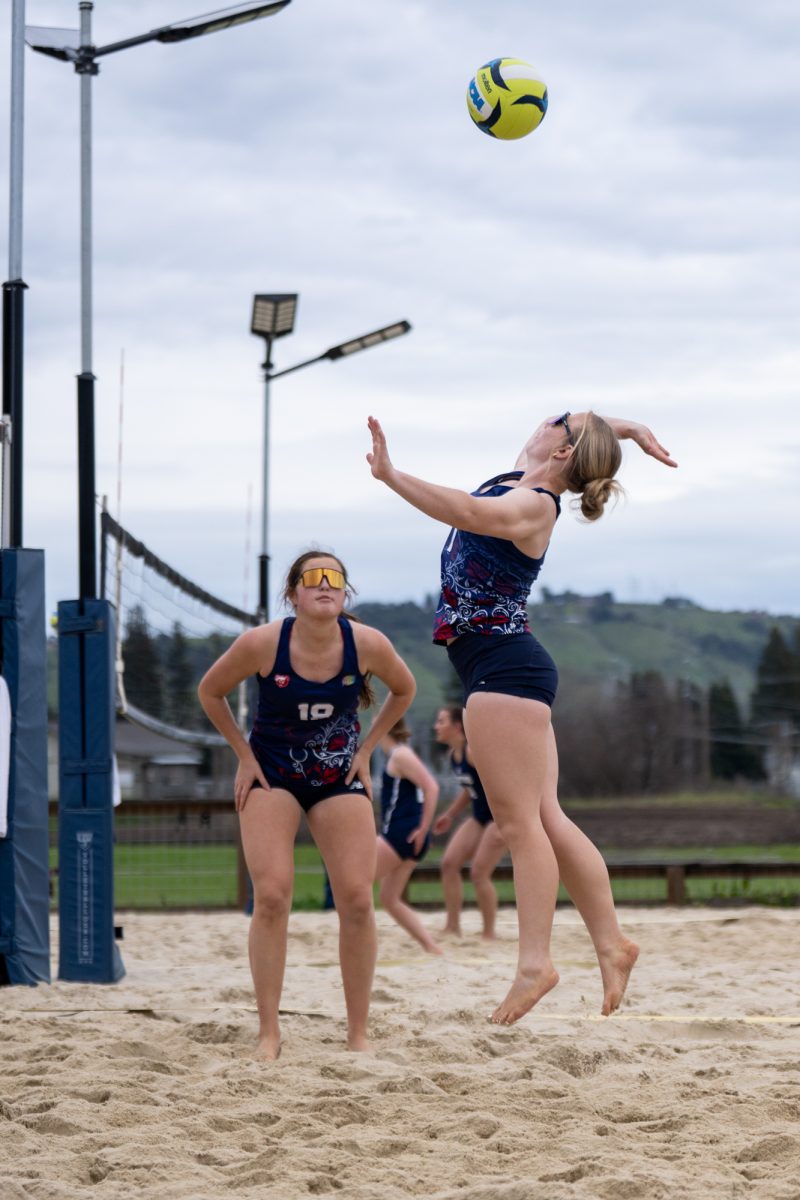 Bear Cub Amber Smart rises to strike the ball against College of the Siskiyous at Spring Hills Church Feb. 23, 2026.