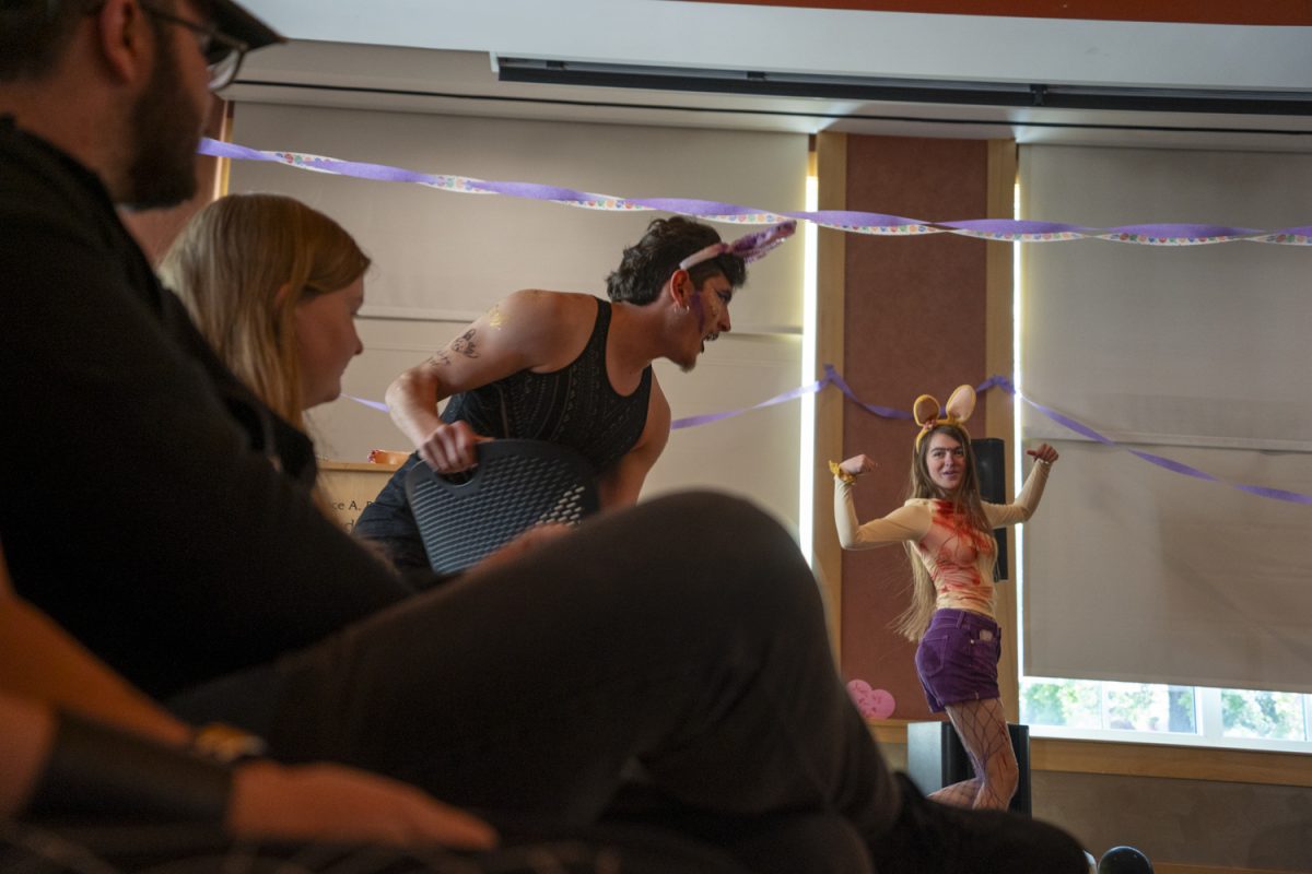 Rotaract Club president Edgar Najar Flores (left) dresses and performs as CottonTailVA, a well-known virtual streamer in the 'Five Nights at Freddy’s' community alongside Rotaract Club activity coordinator Shannon Ayres Aguilar(right) dressed as Springtrap, the main antagonist of the third game of “Five Nights at Freddy’s.” The pair won the dance battle at the Drag Nights at Freddy’s awareness and fundraising event at Santa Rosa Junior College’s Bertolini Student Center March 24, 2026.