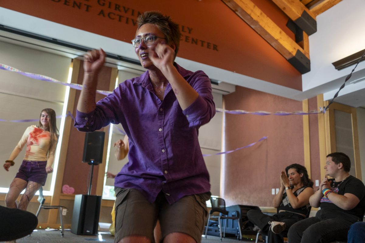 Nico Magnusson dressed as Purple Guy, the main villain in the “Five Nights at Freddy’s” franchise dances out into the audience at the Drag Nights at Freddy’s awareness and fundraising event at Santa Rosa Junior College’s Bertolini Student Center March 24, 2026.