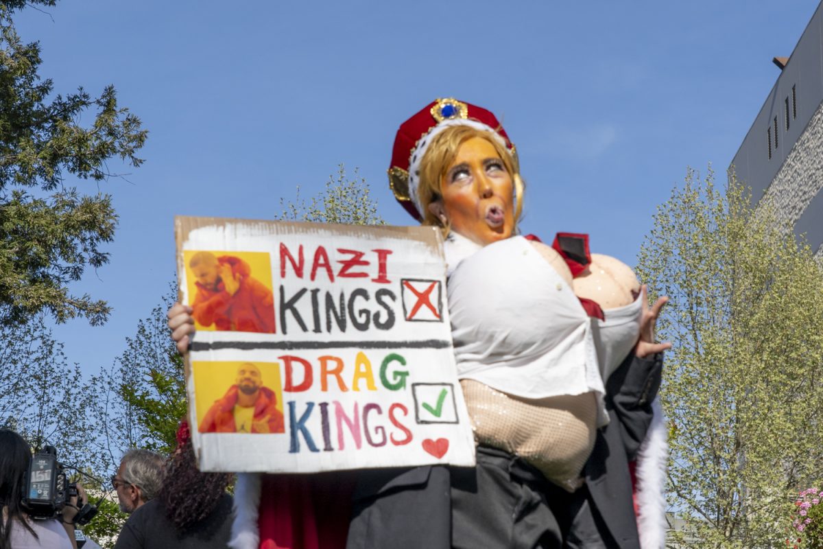“The only kings that we should have are drag kings, no Nazi kings, no fascist kings, no tyrant kings,” Said, Titus Androgynous, 33, in her partially homemade Trump drag outfit at "No Kings" protest, Old Courthouse Square Santa Rosa, March 28 2026.