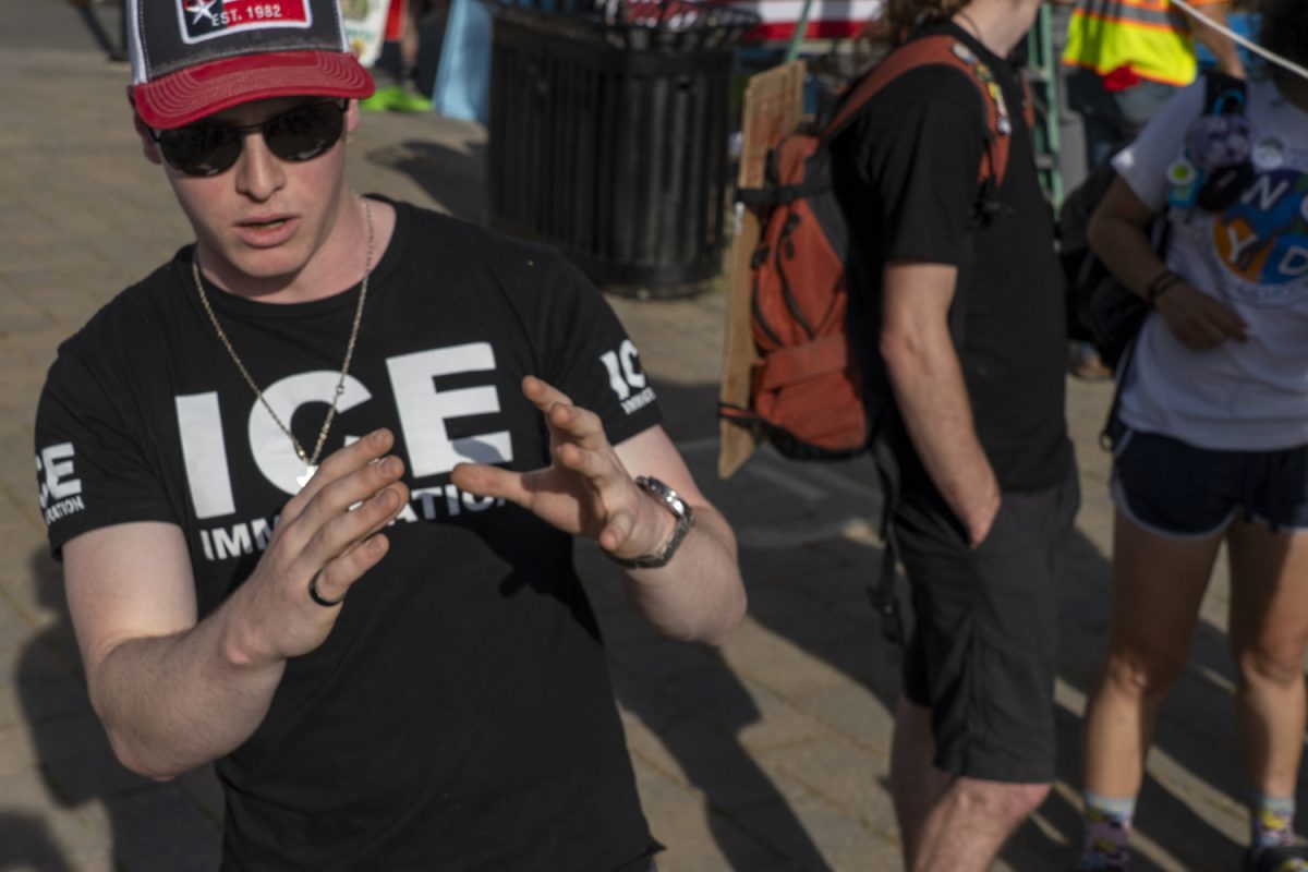 "I came here intending to find common ground. I don't think this is a place where in all honesty, I can change people's minds, but I think I can show people that even when they disagree with everything, I think there is still some common ground to be found." Counter protester Mateo, 20, said at the "No Kings" protest at Old Courthouse Square in Santa Rosa, Calif. March 28, 2026. "There was one time where I walking by a Pro-Palestine with a Pro-Israel shirt and I was assaulted by a woman and I took that as inspiration to do it again." 