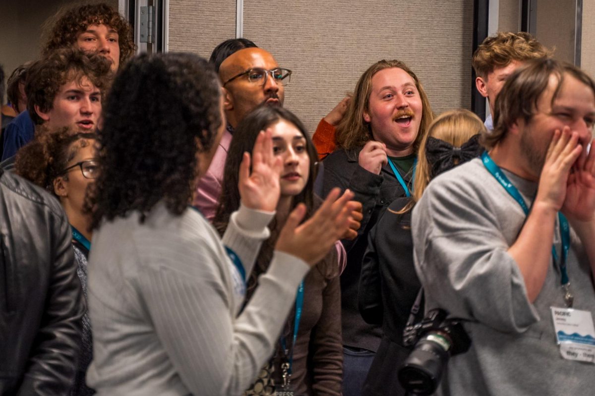 Podcast editor Dylan Cooper finds out he placed third in the on-the-spot Audio contest at the 2026 Associated Collegiate Press Spring National College Media Conference in San Francisco Saturday, March 7, 2026. 