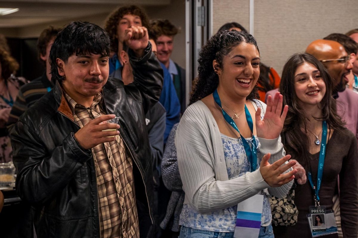 Editors Ziggy Leon Carrillo (left) and Kinda Hamami (middle) and reporter Destiny Quiroz-Lindauer (right) celebrate as the Oak Leaf takes home one of 30 awards from the 2026 Associated Collegiate Press Spring National College Media Conference in San Francisco, Calif. Saturday, March 7, 2026. 