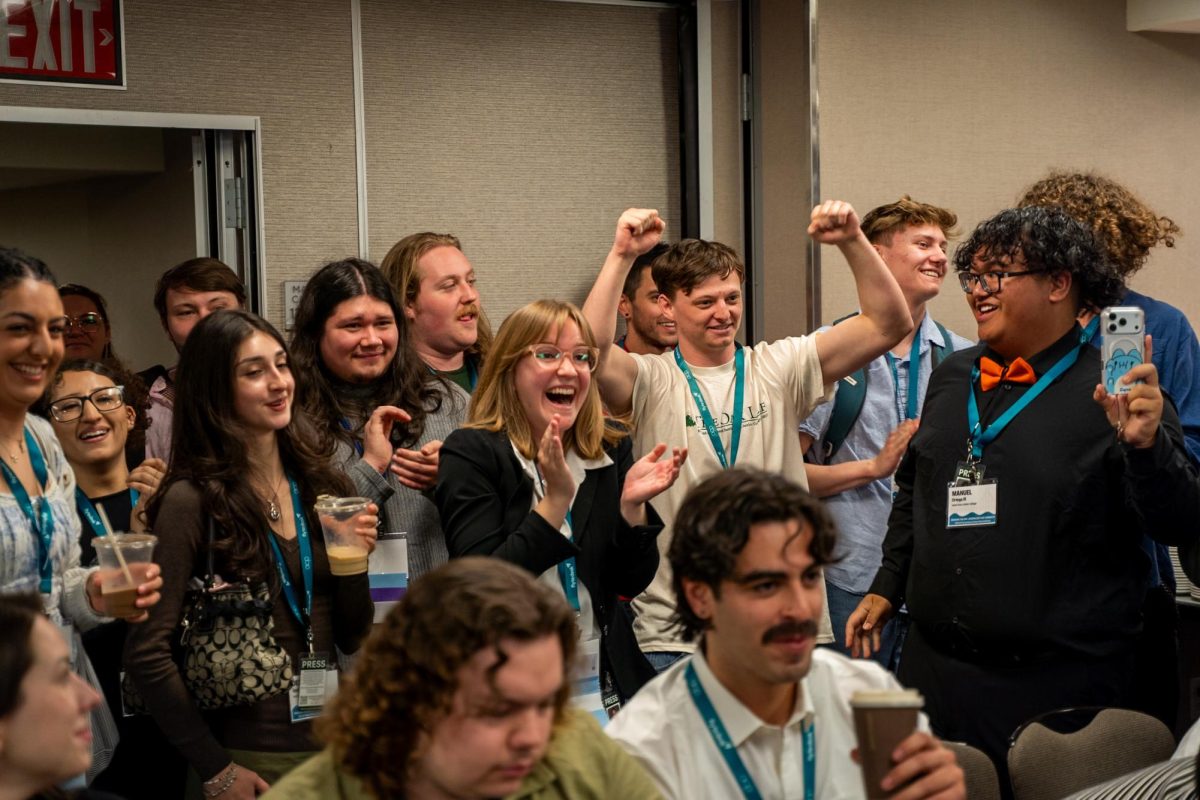 Oak Leaf reporter Jacob Miller celebrates his first place statewide win in the Video Hard News Reporting category at the 2026 Associated Collegiate Press Spring National College Media Conference in San Francisco Saturday, March 7, 2026. 