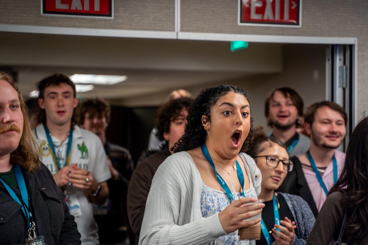 News editor Kinda Hamami finds out she placed second in the state for Magazine News Feature at the 2026 Associated Collegiate Press Spring National College Media Conference in San Francisco Saturday, March 7, 2026. 