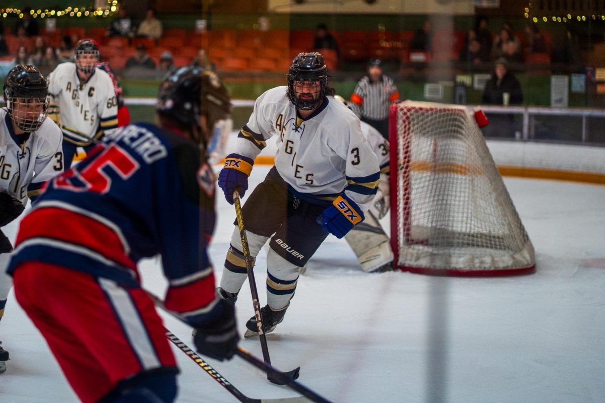 UC Davis senior Sean Bernstein stares down Polar Bear forward Josh Sampietro during a match at Snoopy's Home Ice Feb. 21, 2026.