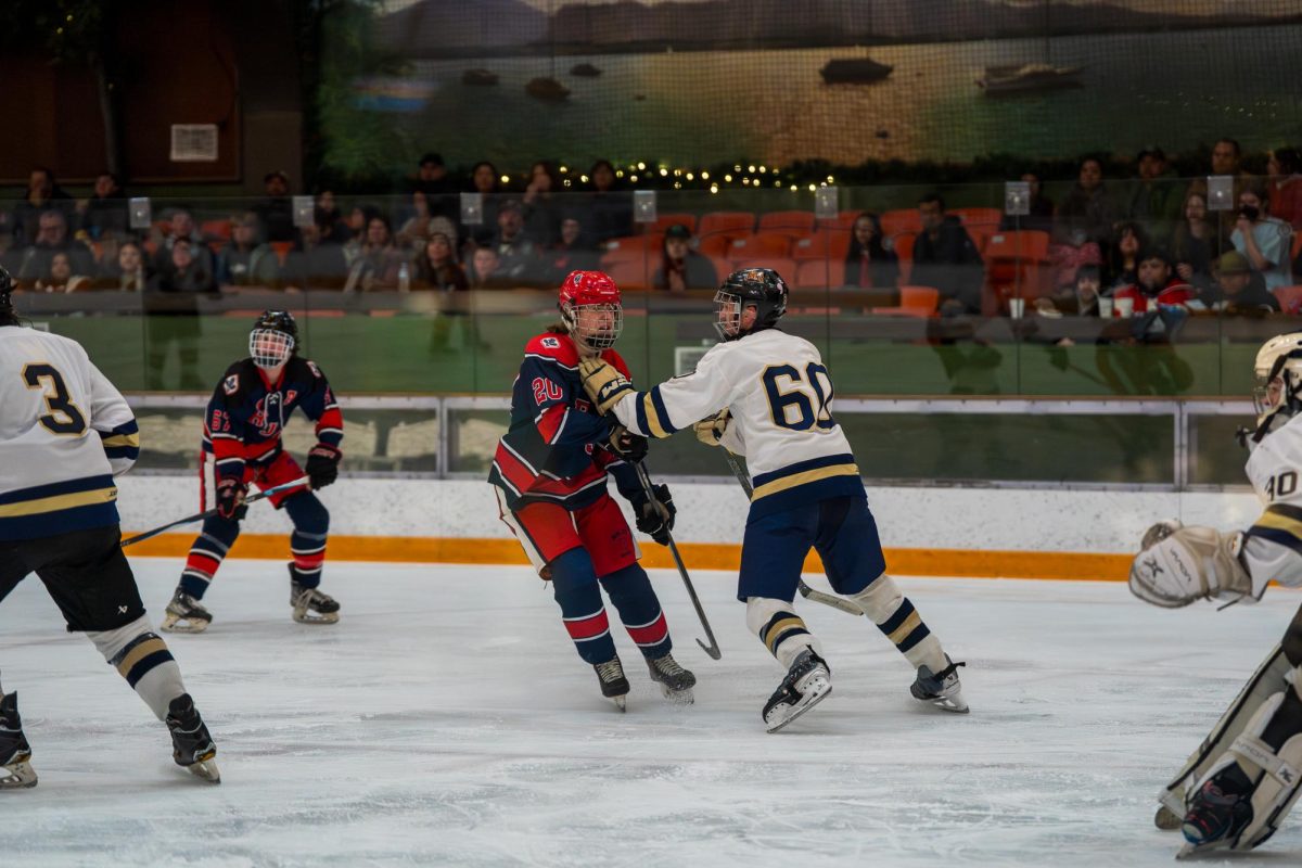 UC Davis senior Wyatt Moore (right) grabs center and defense Kai Krombholz by the collar during the game at Snoopy's Home Ice Feb. 21, 2026.