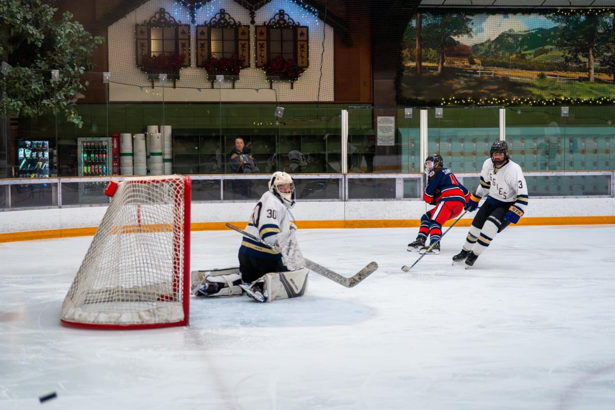 UC Davis senior Sean Bernstein (right) and senior Cole Brown (left) watch as the puck goes flying past the goal at Snoopy's Home Ice Feb. 21, 2026.