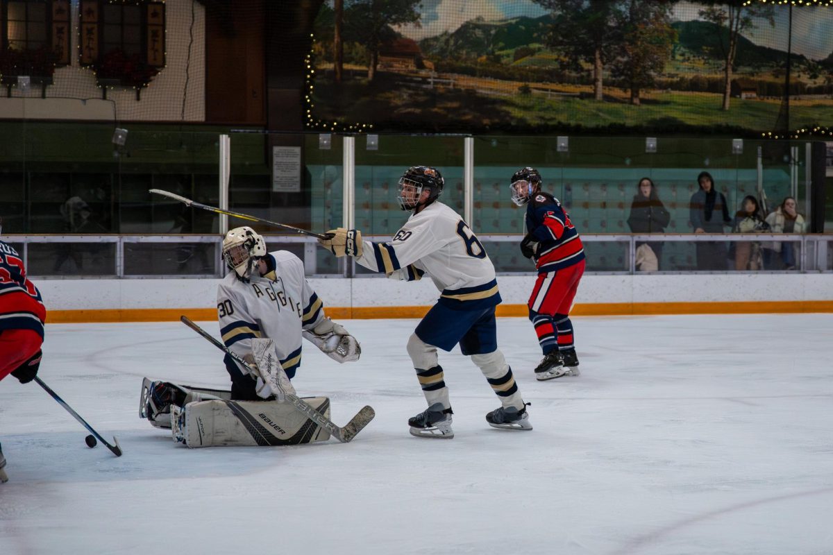 UC Davis senior Wyatt Moore (right) barely misses senior Cole Brown as he moves to shoot at Snoopy's Home Ice Feb. 21, 2026.