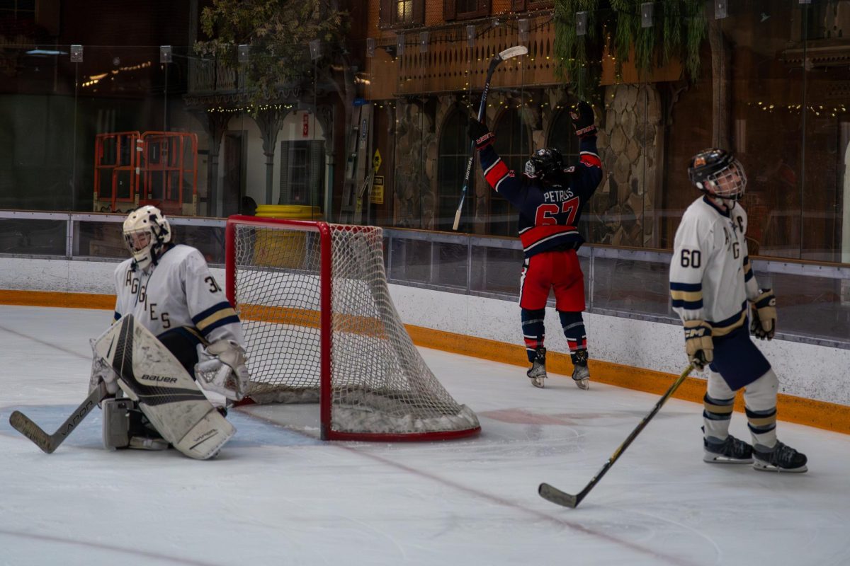 Polar Bears forward Toby Petrus celebrates SRJC's 5-4 overtime win -- their first in three months -- against UC Davis at Snoopy's Home Ice Feb. 21, 2026.