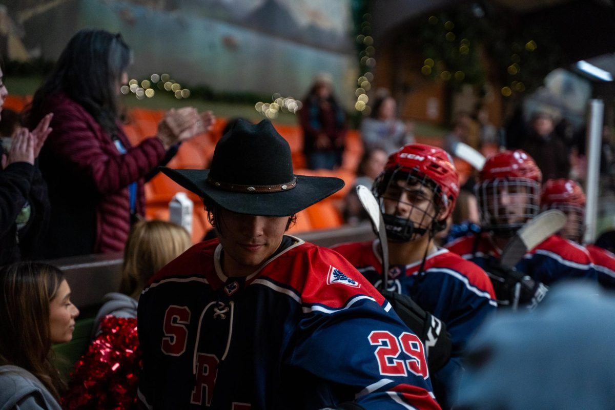 Polar Bears forward Will Cornelius sports a cowboy hat as he walks off the ice following SRJC's narrow win against UC Davis at Snoopy's Home Ice Feb. 21, 2026.