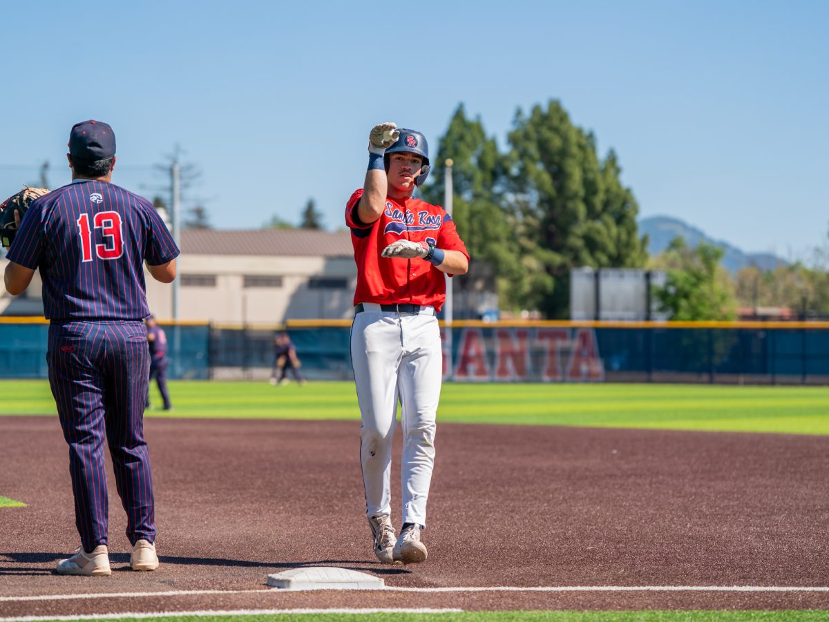 J.T. Summers celebrates towards the dugout as he singles to left field in the bottom of the fourth against American River College at home on Thursday, March 19, 2026.