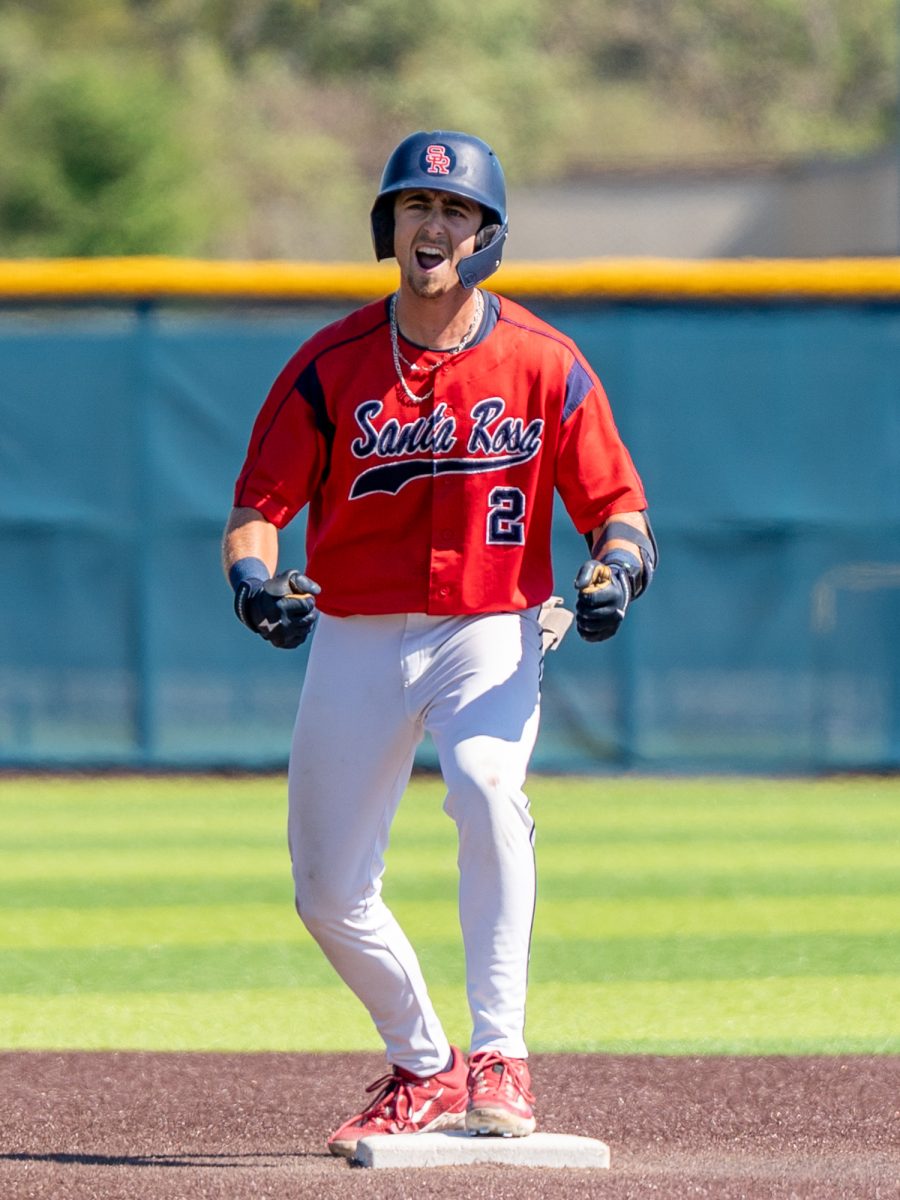 Shortstop Caze Derammelaere celebrates at second after a double RBI to left field in the bottom of the fourth against American River College at home on Thursday, March 19, 2026.
