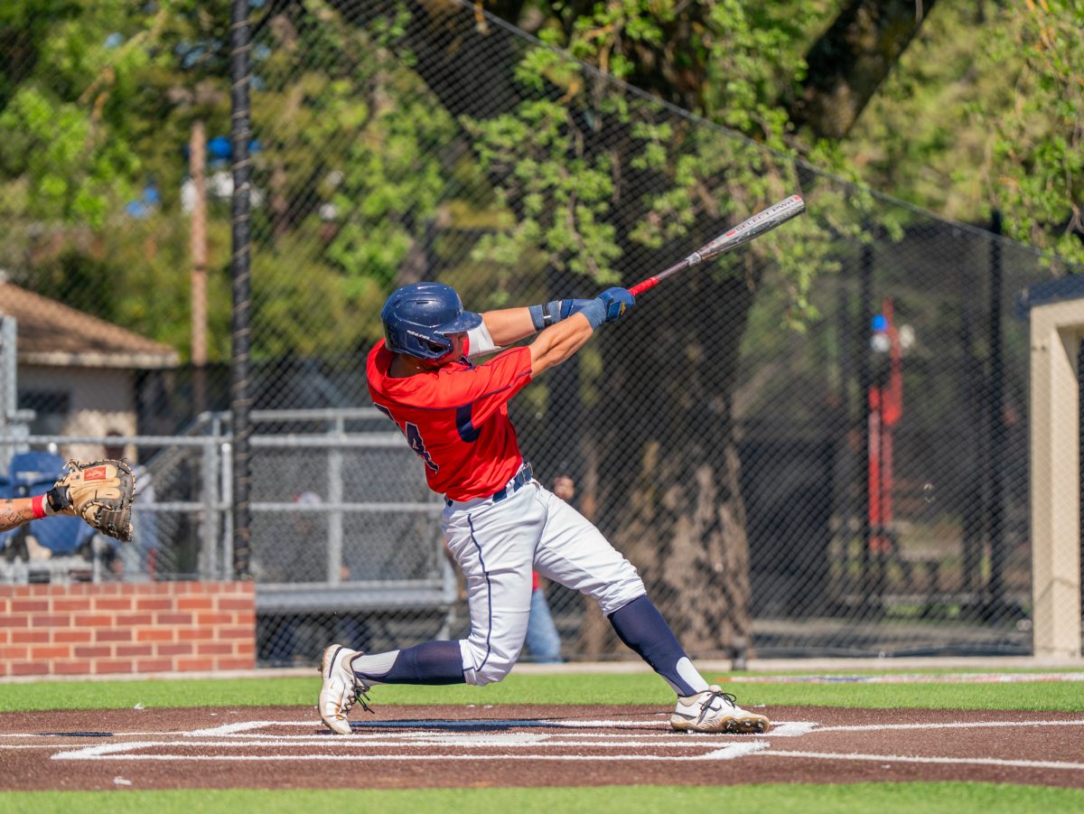 Left fielder Clay de Mars hits a three-run home run in the bottom of the seventh against American River College at home on Thursday, March 19, 2026.