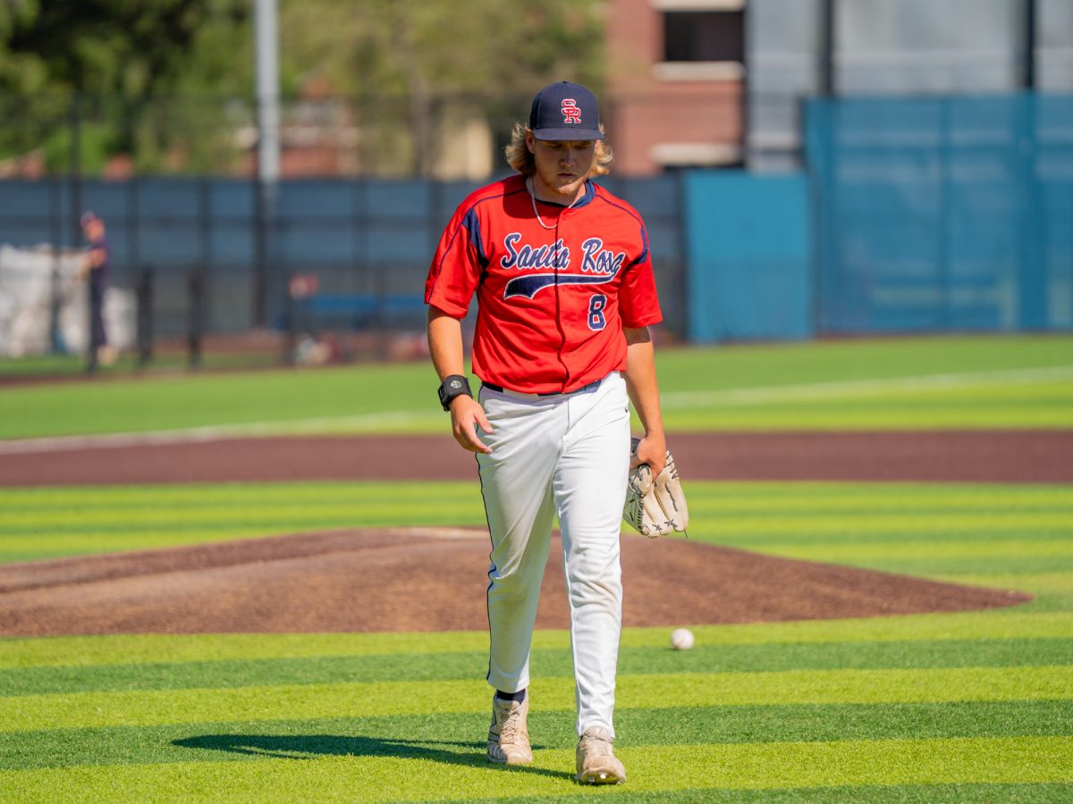 Pitcher Myles Standish walks off of the mound and back to the dugout after a full inning against American River College at home on Thursday, March 19, 2026.