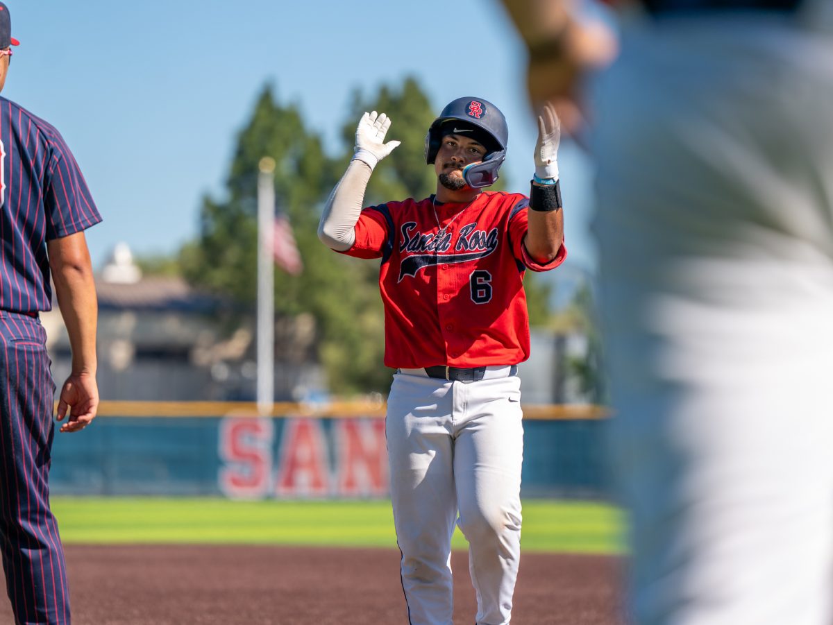 Catcher Justice Brinson celebrates after getting onto base in the bottom of the sxth against American River College at home on Thursday, March 19, 2026.