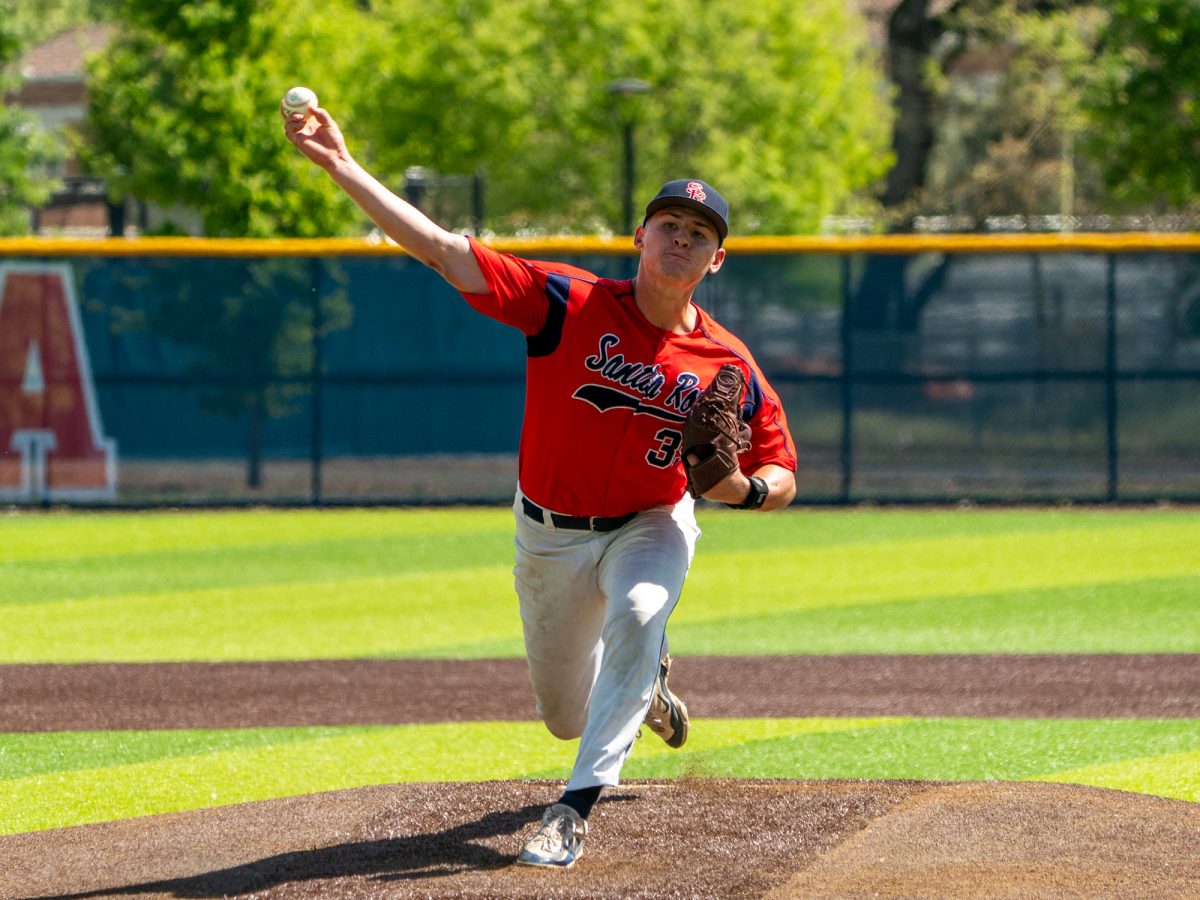 Freshman pitcher Elijah Hackathorn pitches in the first inning against Diablo Valley College at home on Friday, March 27, 2026.