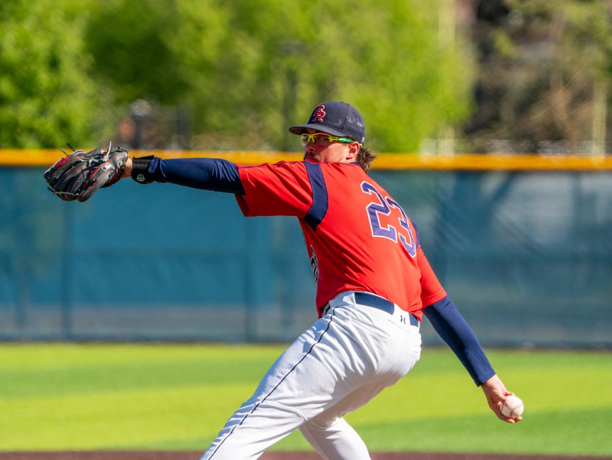 Freshman pitcher Cody Collins closes the game out on the mound for the Bear Cubs against Diablo Valley College at home on Friday, March 27, 2026.