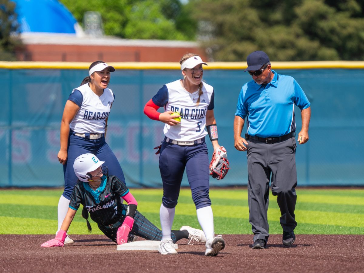 Freshman shortstop Kaihla Jarvinen celebrates after tagging Falcons' second baseman Aniya Cruz out at second in the first game against Folsom Lake College at home on Saturday, March 28, 2026.