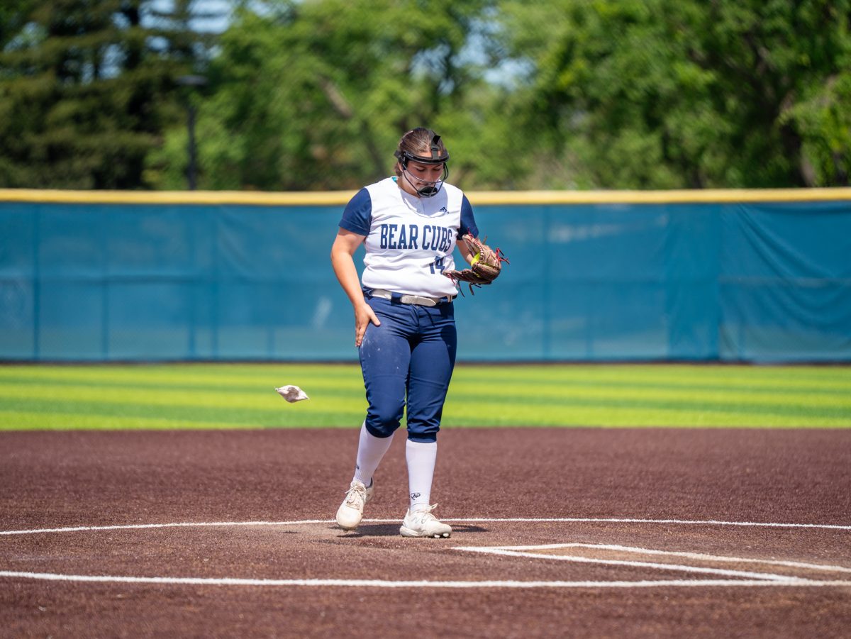 Sophomore Mya Gonzalez enters for the Bear Cubs in the bottom of the third and pitches 3 ⅓ innings in the first game against Folsom Lake College at home on Saturday, March 28, 2026.