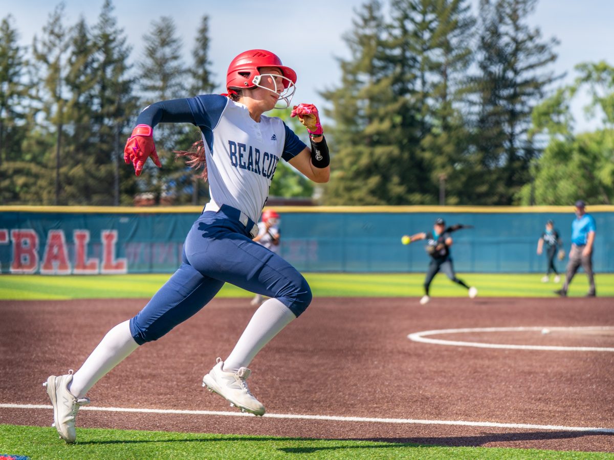 Sophomore center fielder Kylee Bauman runs towards home plate to score in bottom of the third of the second game against Folsom Lake College at home on Saturday, March 28, 2026.