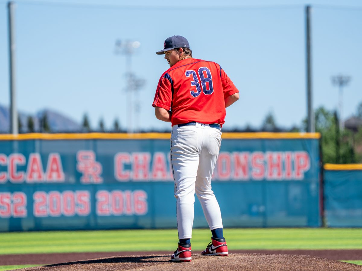 Freshman Aaron Davainis takes over the mound in the top of the eighth against College of the Sequoias at home on Friday, April 3, 2026.