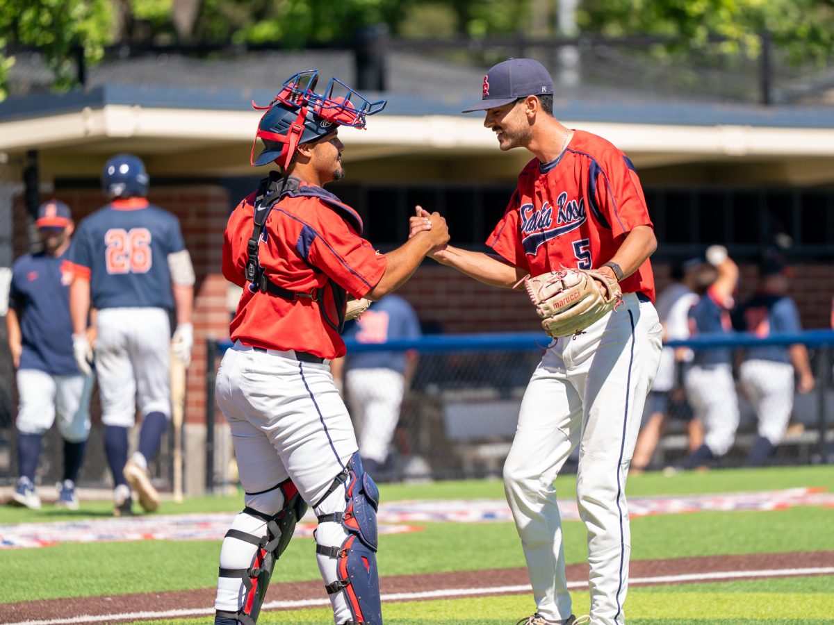 From left to right, catcher Justice Brinson and pitcher Evan Sandoval shake hands after sweeping College of the Sequoias at home on Friday, April 3, 2026.