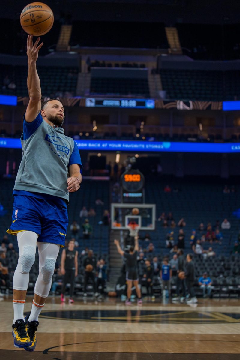 Warriors point guard Stephen Curry, coming back from a knee injury that forced him to miss 27 games, goes for a layup during a pregame shootaround before a match against the Sacramento Kings at the Chase Center in San Francisco, Calif. April 7, 2026.