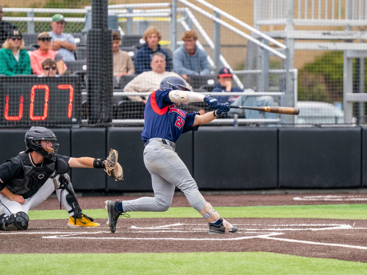 Second baseman Miles Clayton hits a single to bring Anane Wilson home for another run in the top of the fourth against College of Marin in Marin on Saturday, May 2, 2026.