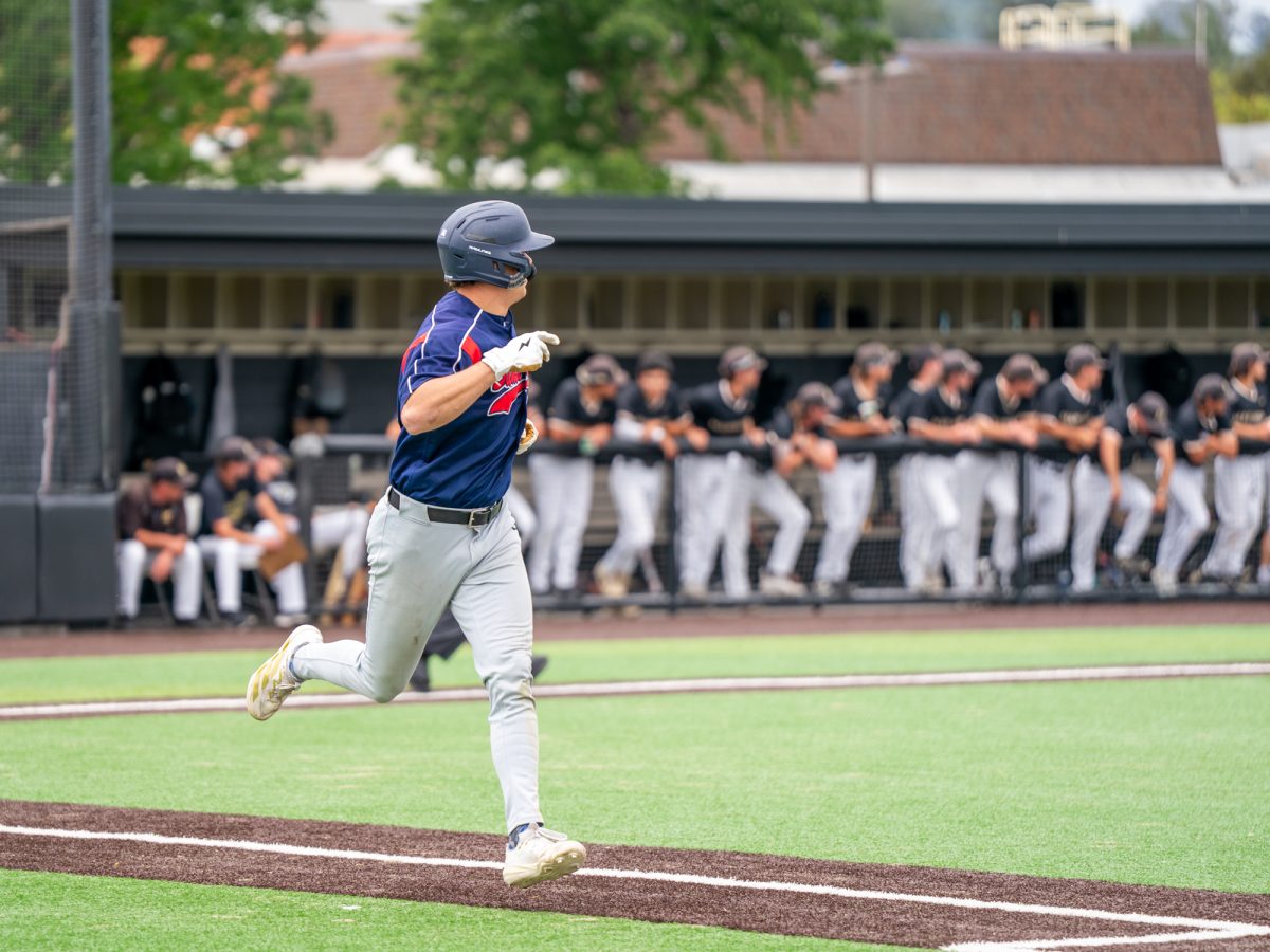 Left fielder Nic Sebastiani runs towards first as he watches the ball go over the fence in the top of the fourth in Marin on Saturday, May 2, 2026.