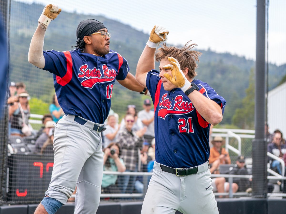 From left to right, right fielder Anane Wilson jumps up to celebrate with left fielder Nic Sebastiani after Sebastiani's home run in the top of the fourth against Marin on Saturday, May 2, 2026.