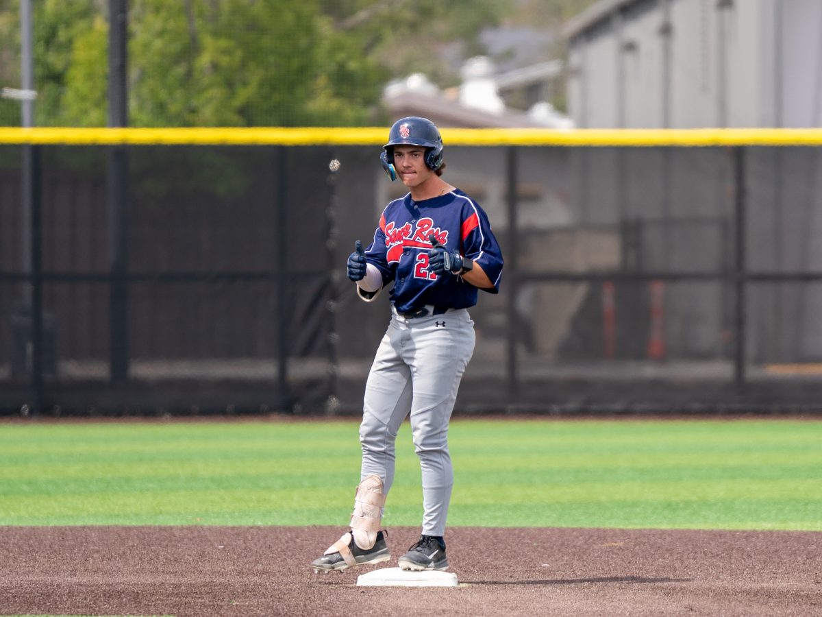 Second baseman Miles Clayton gives the dugout a thumbs up after hitting a double in the top of the sixth against the Mariners on Saturday, May 2, 2026.