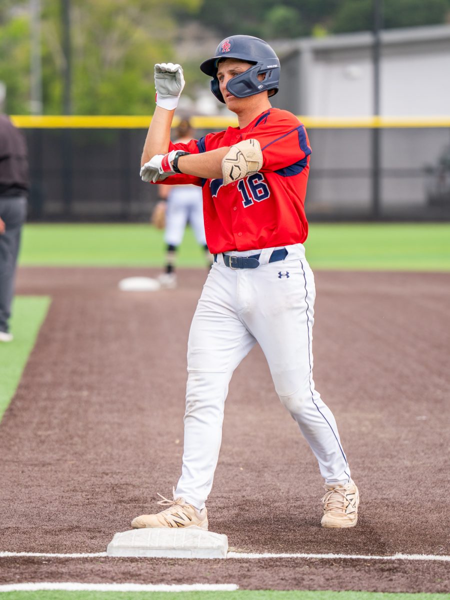 Freshman third baseman Trevor Schlafer celebrates after a single in the bottom of the first against College of Marin on Sunday, May 3, 2026.