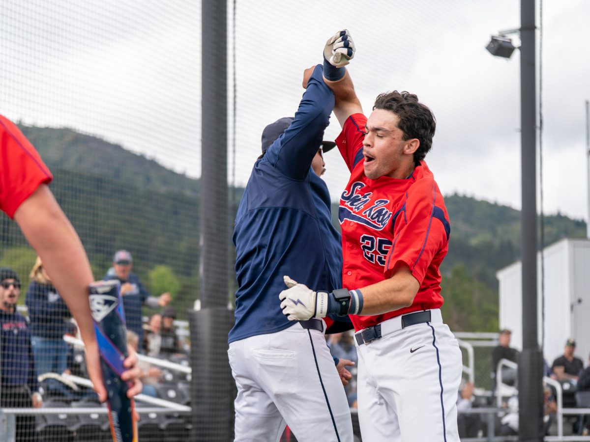 First baseman J.T. Summers jumps up to celebrate with his team after hitting a three-run home run in the bottom of the first to tie the game against College of Marin on Sunday, May 3, 2026.