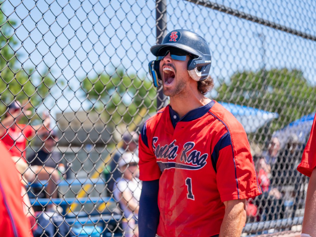 Cooper Wood is elated after scoring in the bottom of the fifth against Modesto Junior College in Modesto on Friday, May 8, 2026.