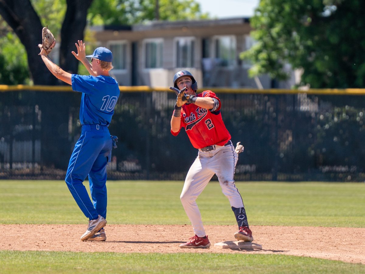 Caze Derammelaere celebrates towards the dugout after getting to second in the bottom of the fifth on a passed ball against Modesto Junior College in Modesto on Friday, May 8, 2026.