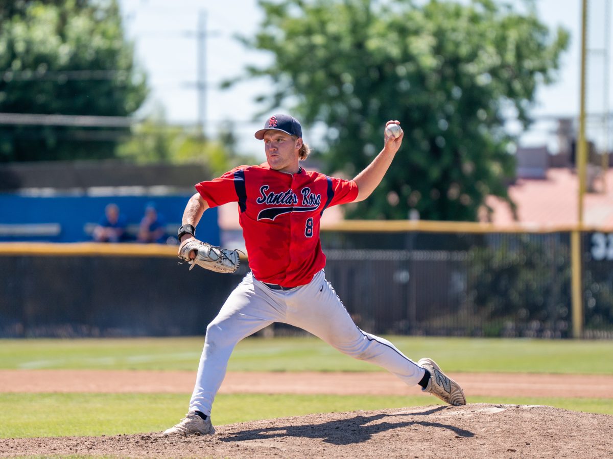 Myles Standish launches a pitch against Modesto Junior College in Modesto on Friday, May 8, 2026.