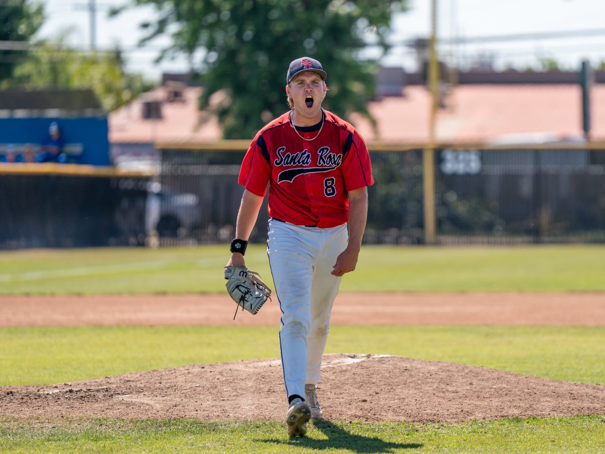 Myles Standish celebrates towards the dugout after striking his final batter out in the top of the ninth against Modesto Junior College in Modesto on Friday, May 8, 2026.