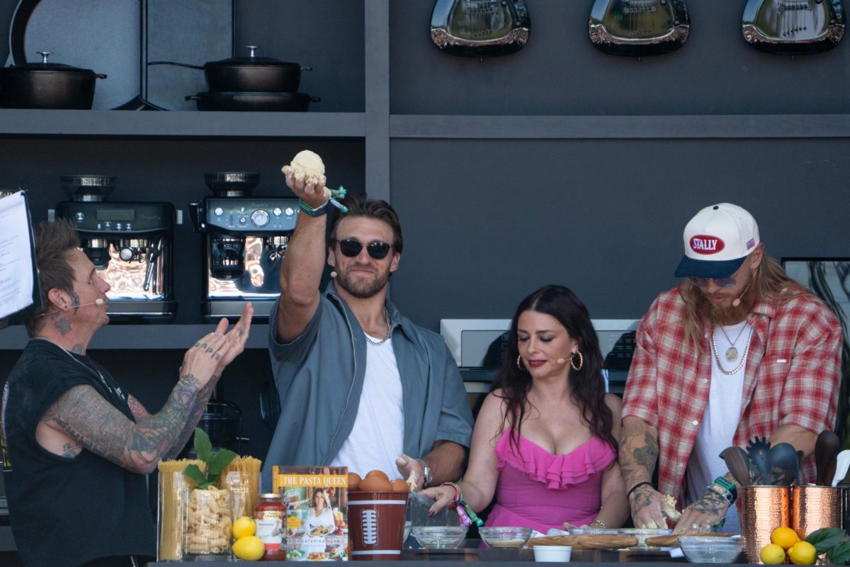 (From left) Jacoby Shaddix of Papa Roach, Kyle Juszczyk of the 49ers, Nadia Caterina Munno the "Pasta Queen" and George Kittle of the 49ers learn how to make pasta from scratch on the Williams-Sonoma Culinary Stage at BottleRock May 22, 2026 in Napa, California.